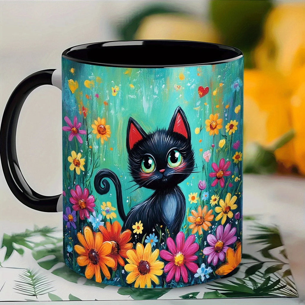 WhimsyCat 11oz Ceramic Coffee Mug with Floral Black Cat Design - Vibrant Multicolor Flowers, Durable Ceramic Cup for Home, Offic