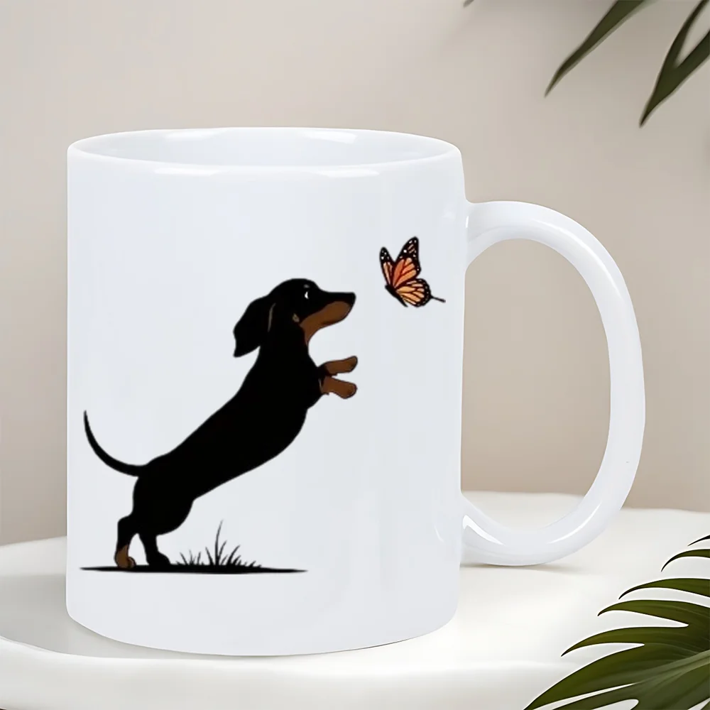 Cute Dachshund & Butterfly Ceramic Coffee Mug - White with Black Silhouette Design, Hand Wash Only, Reusable Gift for Dog Lovers